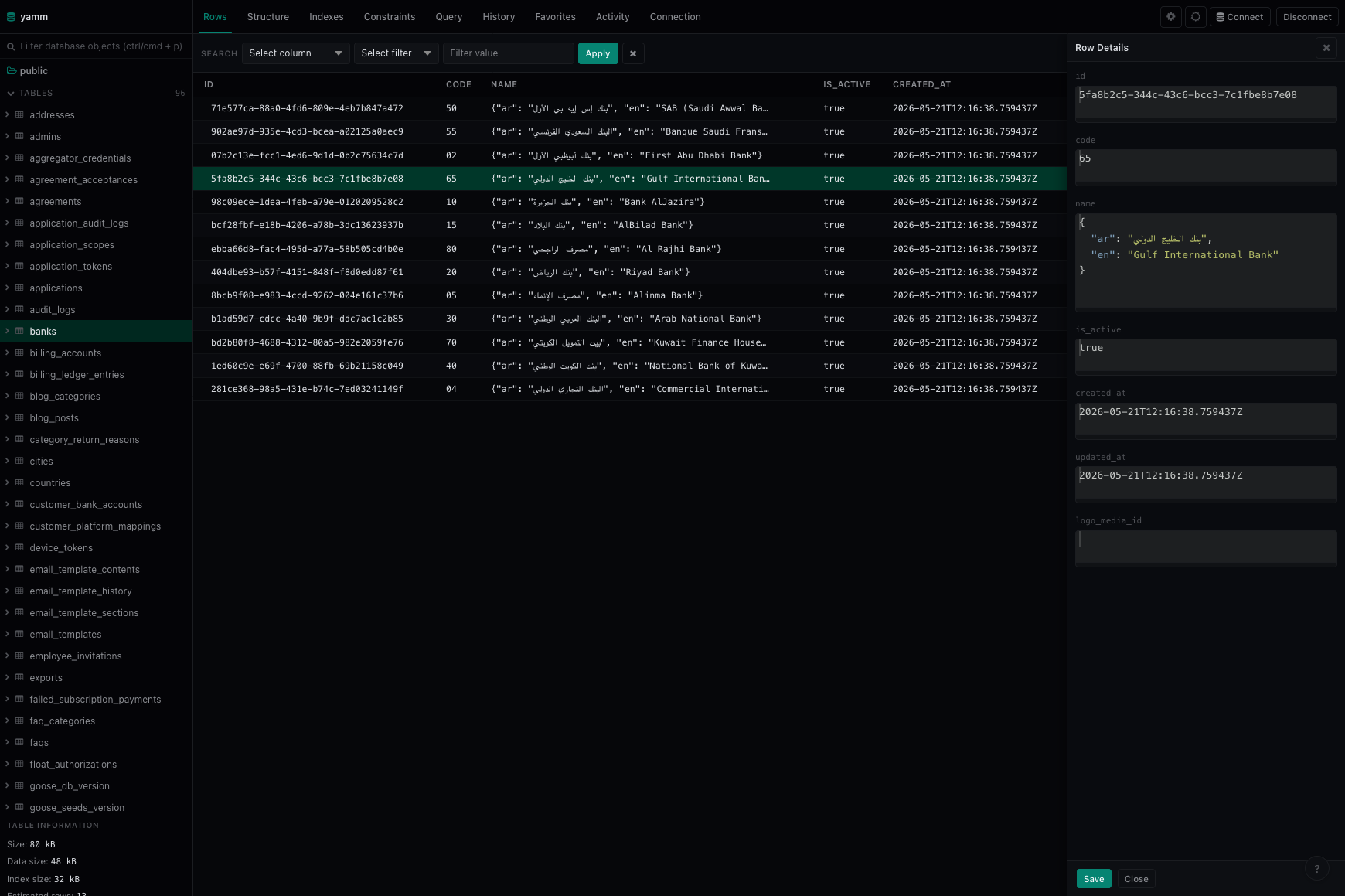 pgport — row details sidebar open on the banks table, showing per-field values with JSON formatting